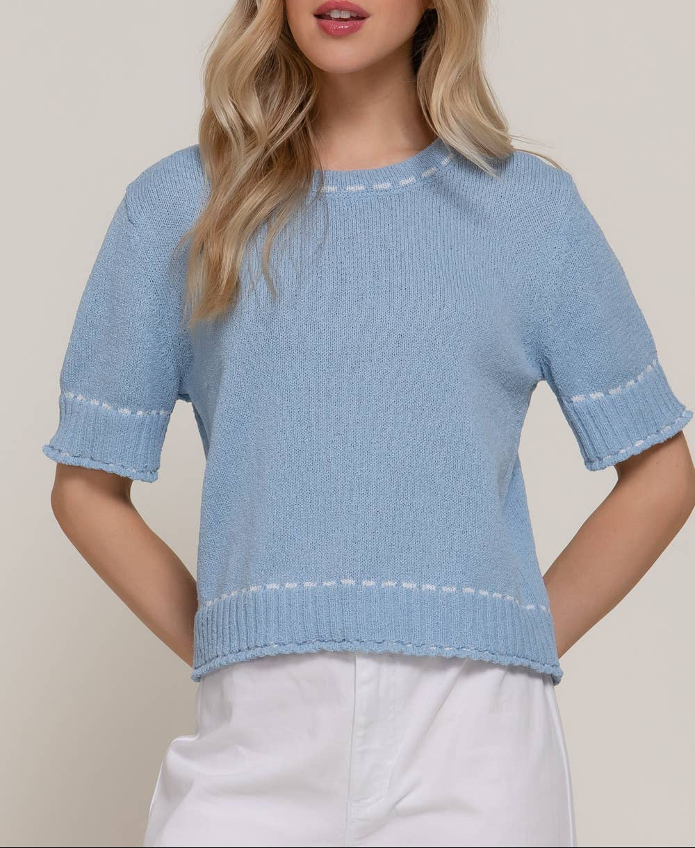 Unwind Short Sleeve Round Neck Sweater - Blue/White