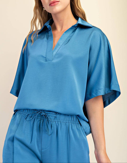 Collar V-Neck Oversized Top - Blue
