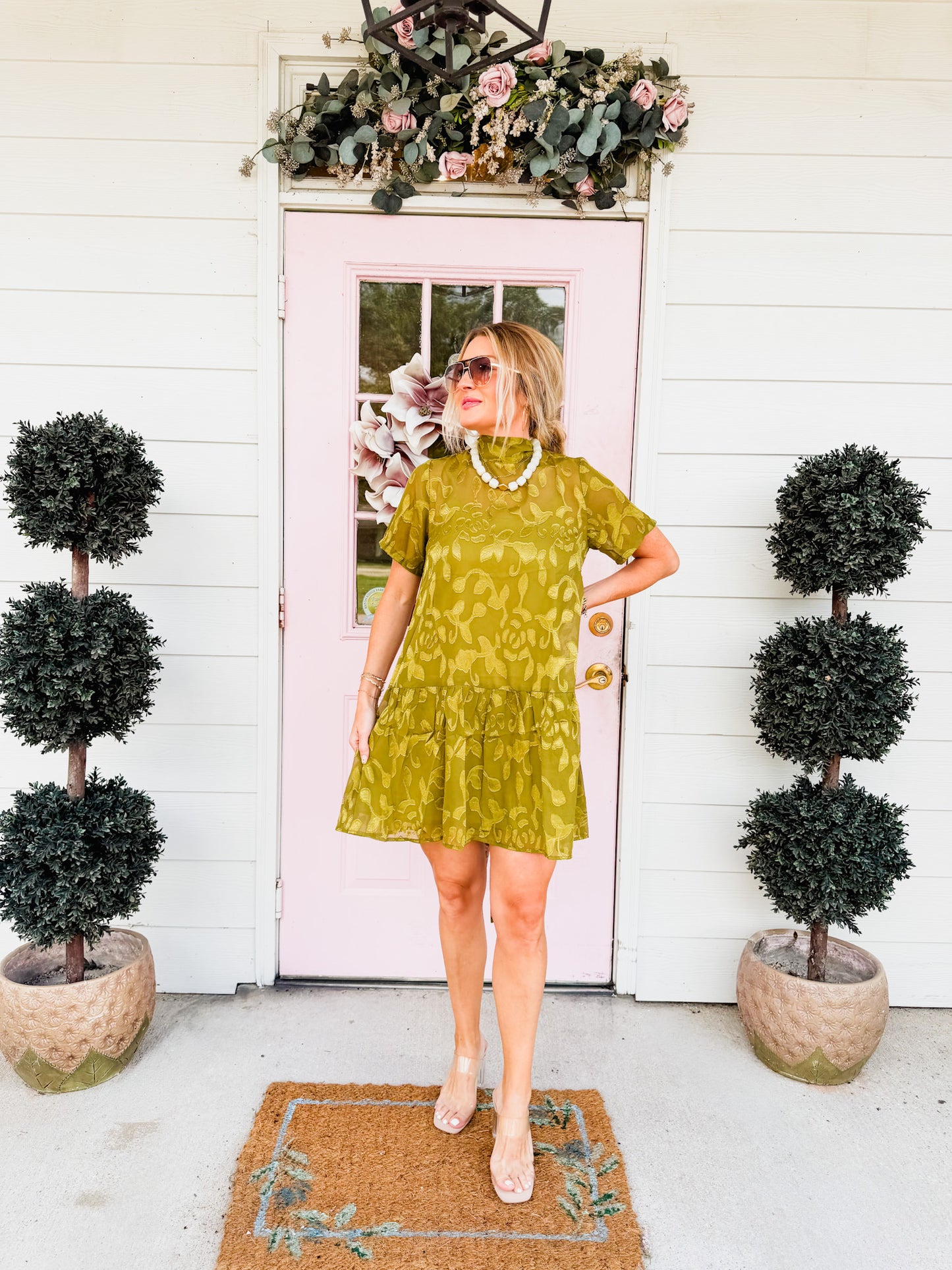Story Time Floral Jacquard Tie-Neck Mini Dress - Olive