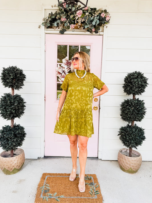 Story Time Floral Jacquard Tie-Neck Mini Dress - Olive