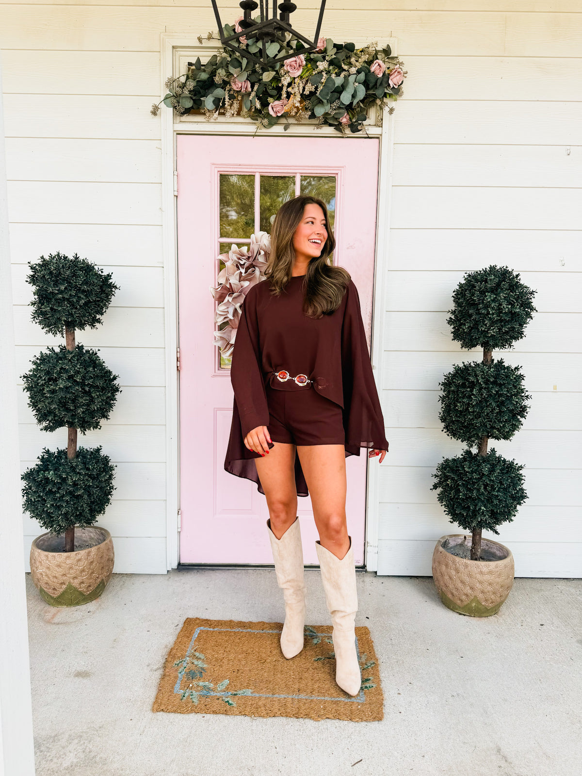Say Goodbye Chiffon Cape Overlay Sleeveless Romper - Chocolate