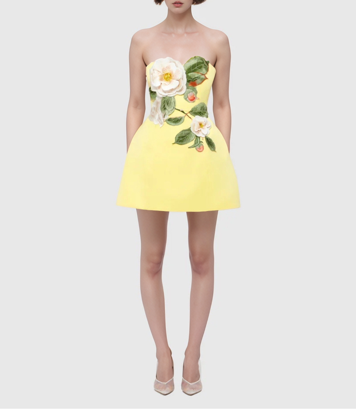 Glow Up Strapless Embroidered Floral Dress - Yellow