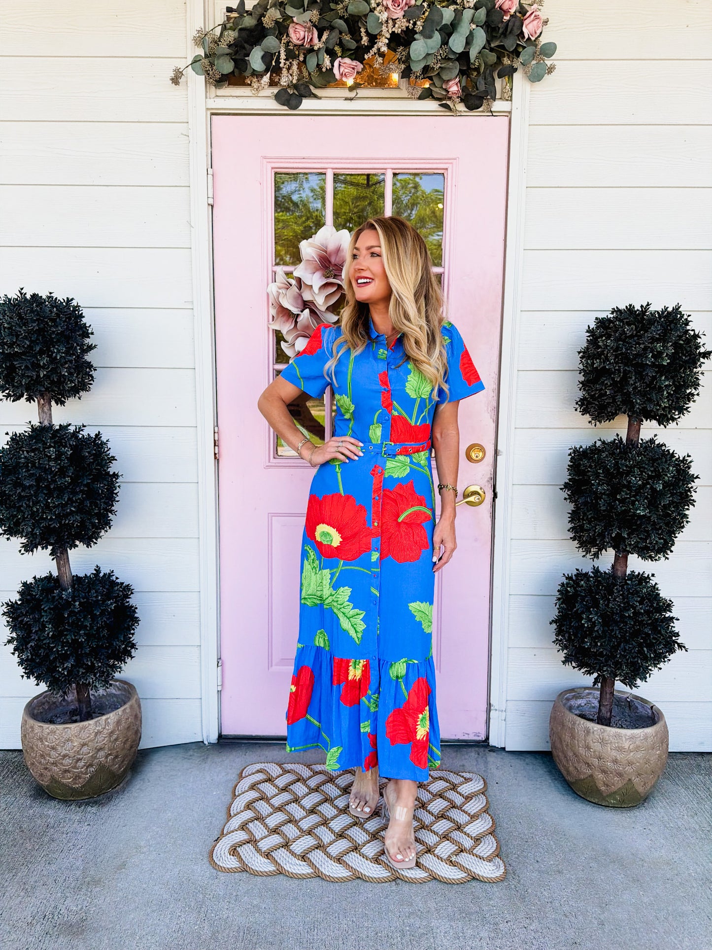 Main Event Floral Print Button Down Belted Shirt Midi Dress - Blue