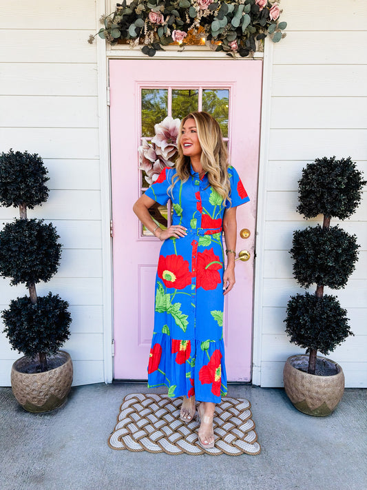 Main Event Floral Print Button Down Belted Shirt Midi Dress - Blue