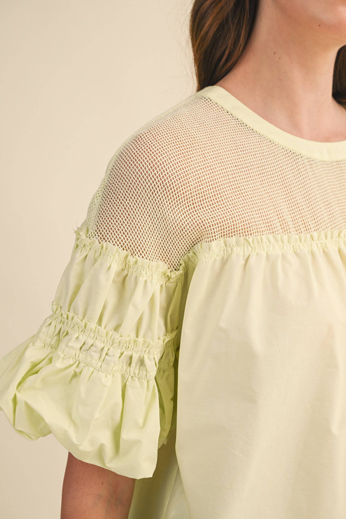 Lucky Charm Sheer Mesh Bubble Sleeve Top - Chartreuse