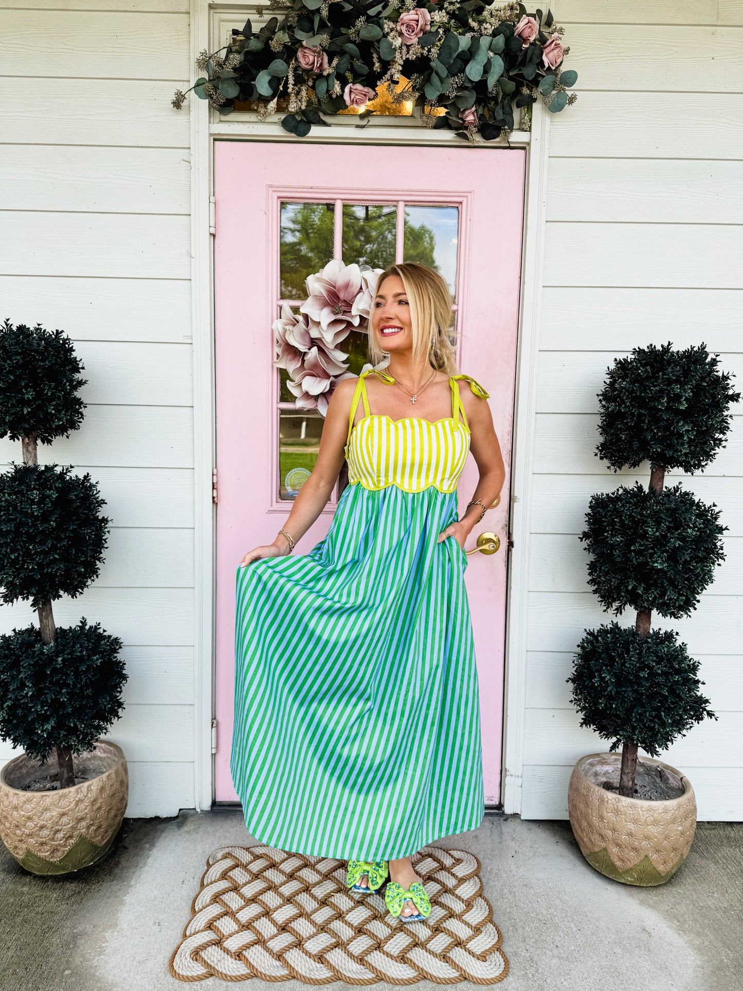 Deep Dive Striped Scalloped Midi Dress - Kiwi Green