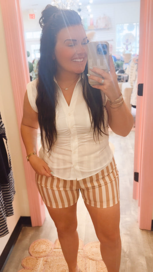 Talk About It Striped High Waist Shorts - Tan