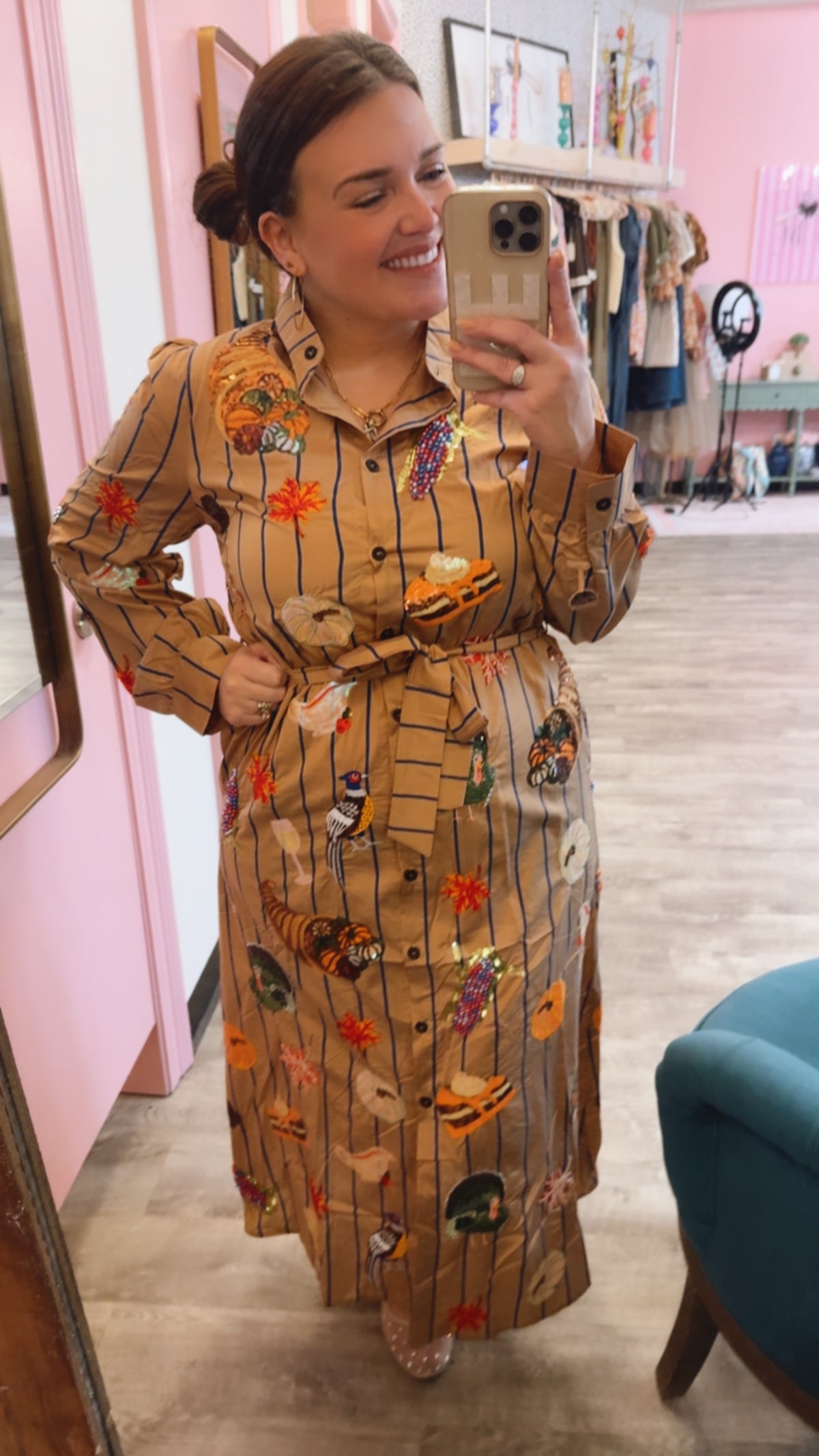 Queen of Sparkles Light Brown Striped Thanksgiving Icon Cotton Midi Tie Dress