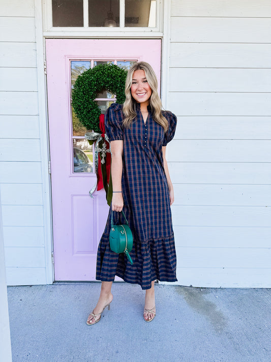 Merry & Bright Plaid Puff Sleeve Midi Dress - Green