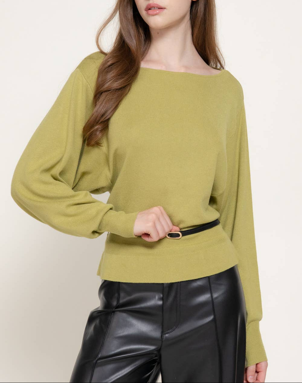 No Stress Batwing Long Sleeve Boat Neck Belted Top - Light Green