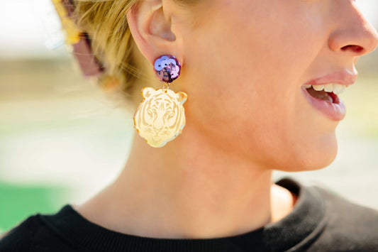 Sequin Purple and Gold Tiger Drop Earrings
