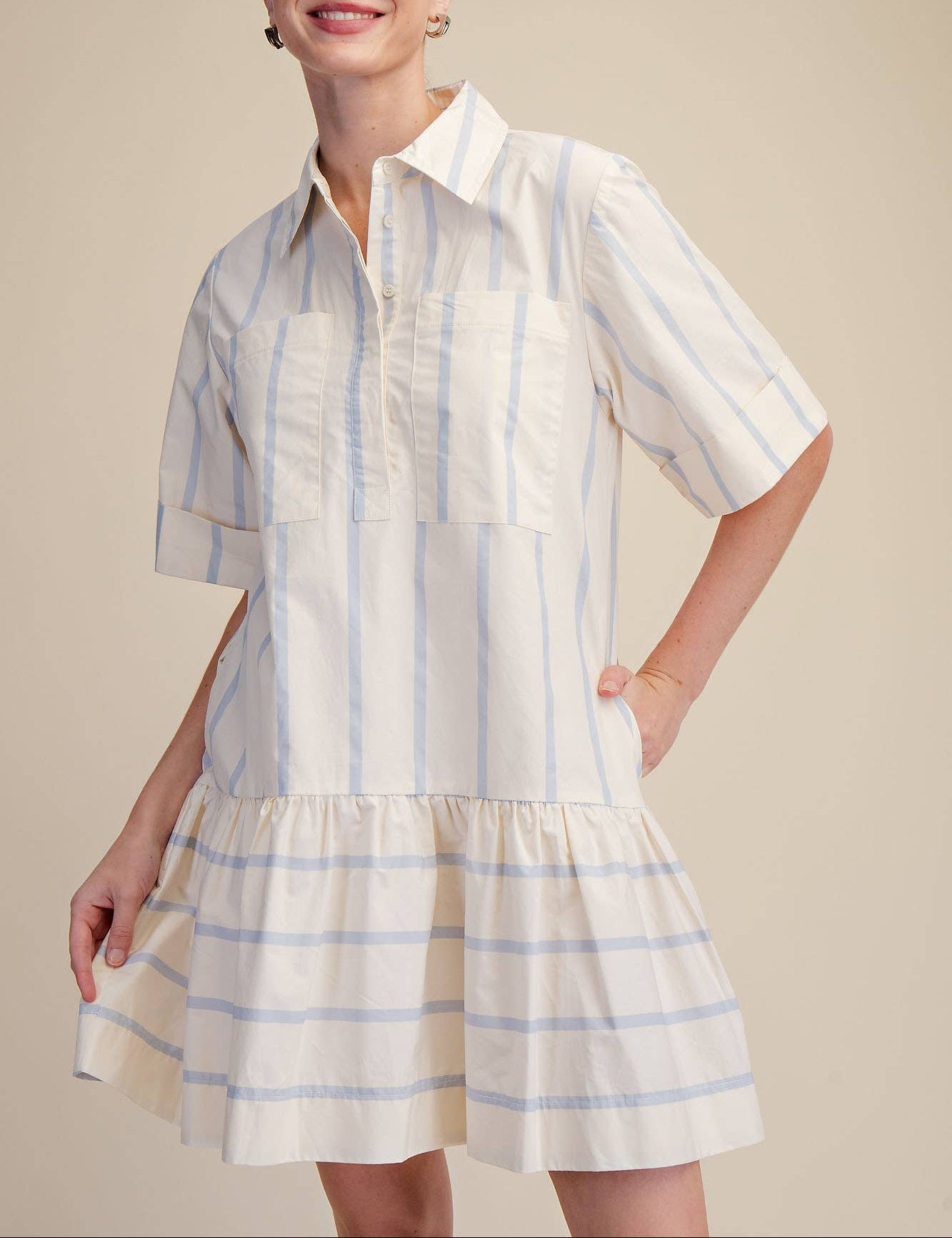 Coastal Crush Collared Short Sleeve Front Pockets Dress - Blue