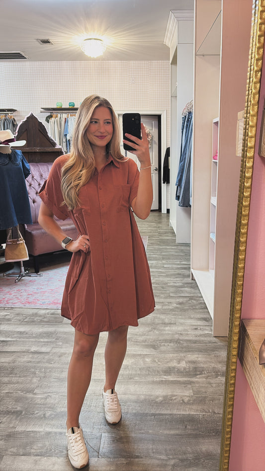 It's A Good Day Button Up Skirt Dress - Cinnamon