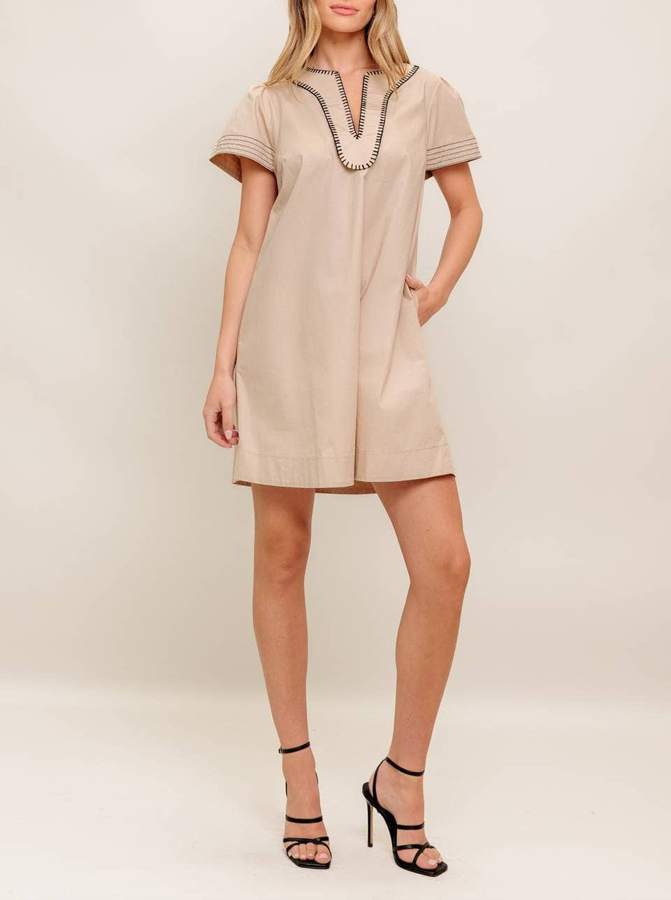 You Better Work Solid Woven Mini Dress - Taupe Black
