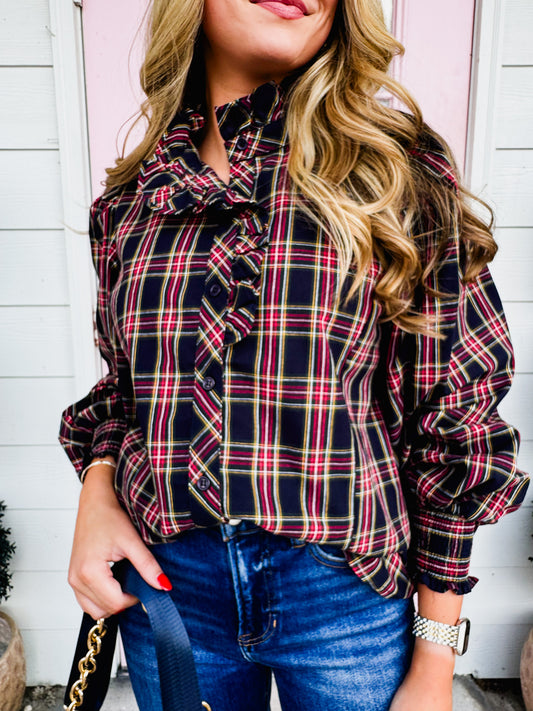 Plaid Perfection Long Sleeve Ruffle Neck Top - Dark Navy