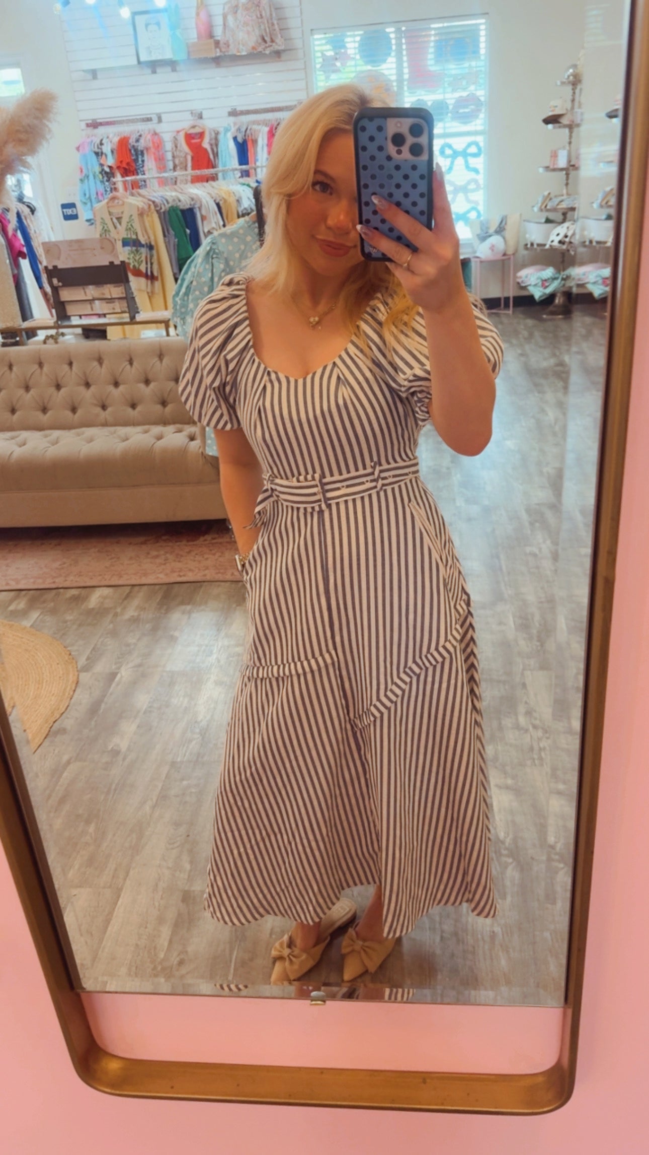 Good Day Belted Puff Sleeve Midi Dress - Navy Stripe