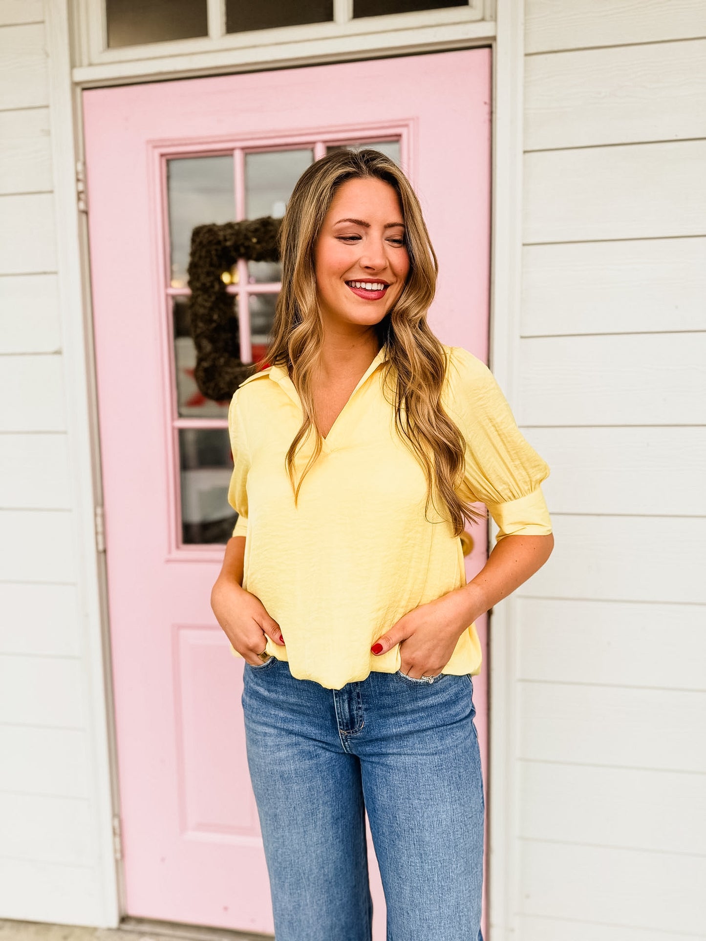 Don't Slip Half Sleeve Hi-lo Bubble Hem Blouse - Pale Banana