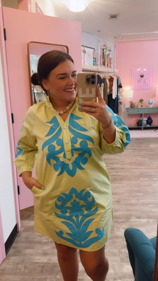 Quiet Time Baroque Floral Applique Shift Dress - Lime/Turquoise