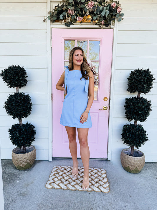 Underrated Straight Neckline Bow Mini Dress - Light Blue
