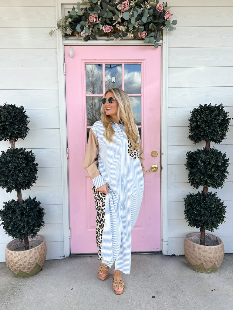 More To Tell Mixed Pattern Button Down Dress