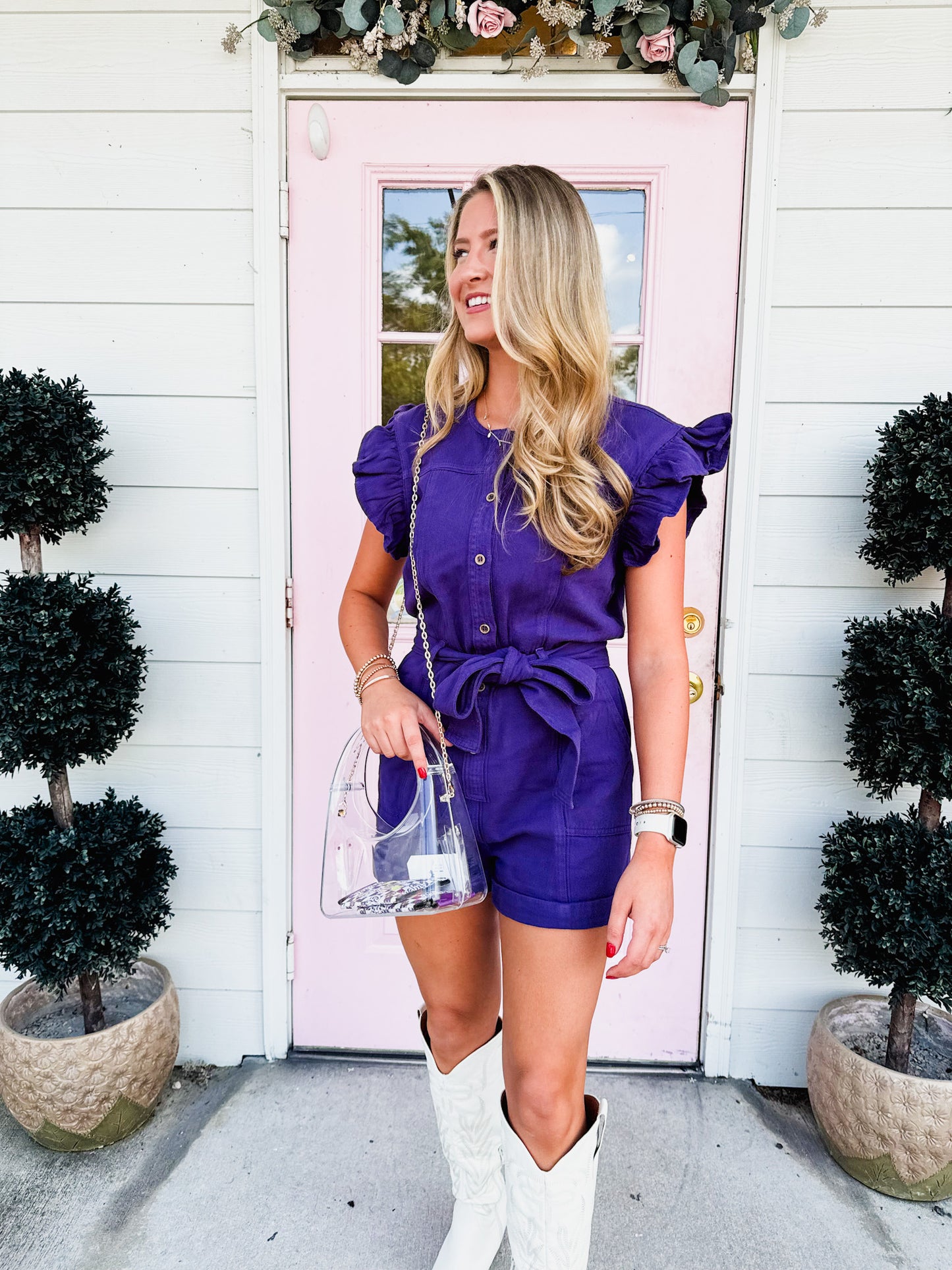 Game Day Ready Denim Belted Romper - Purple