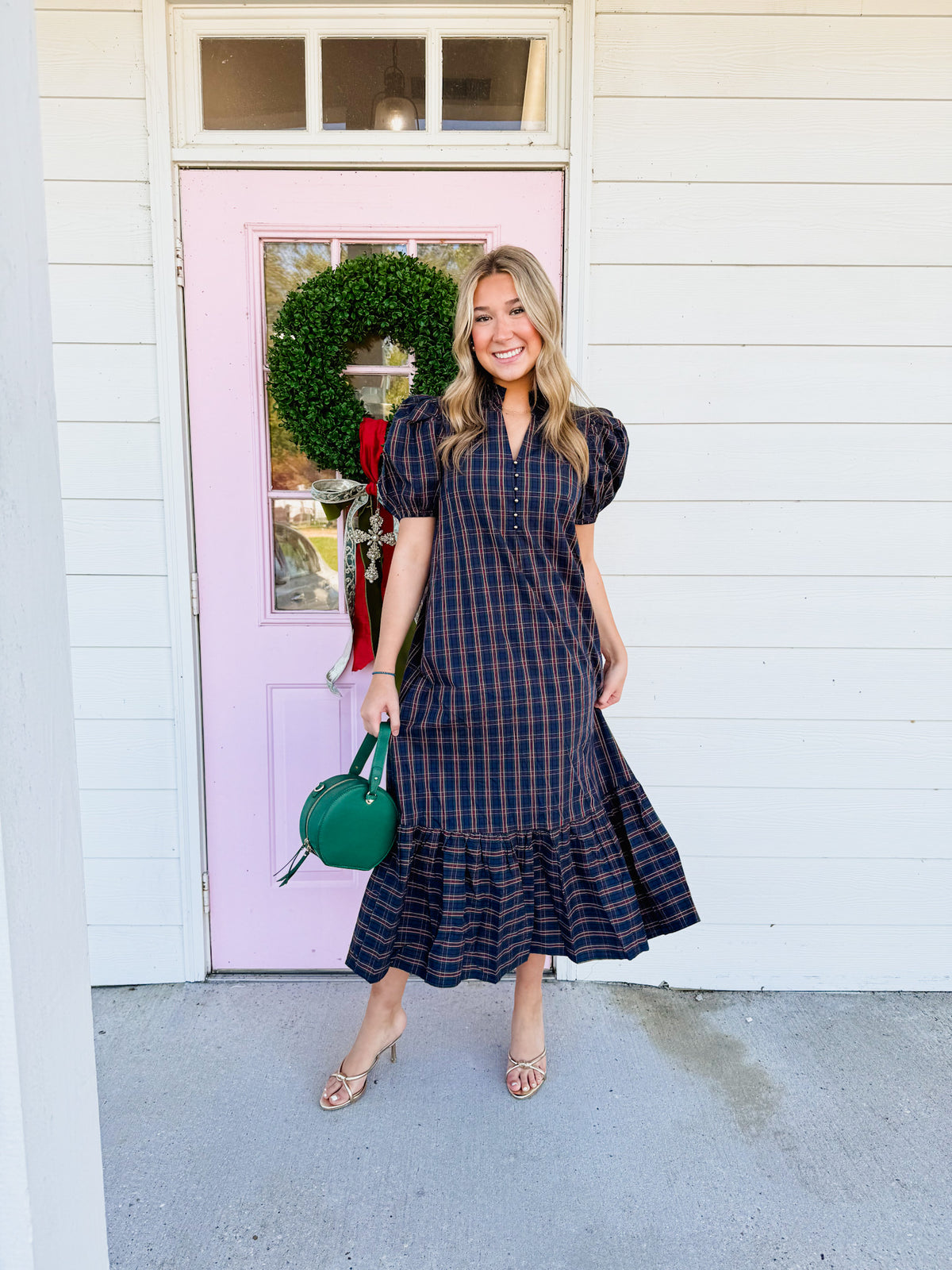 Merry & Bright Plaid Puff Sleeve Midi Dress - Green
