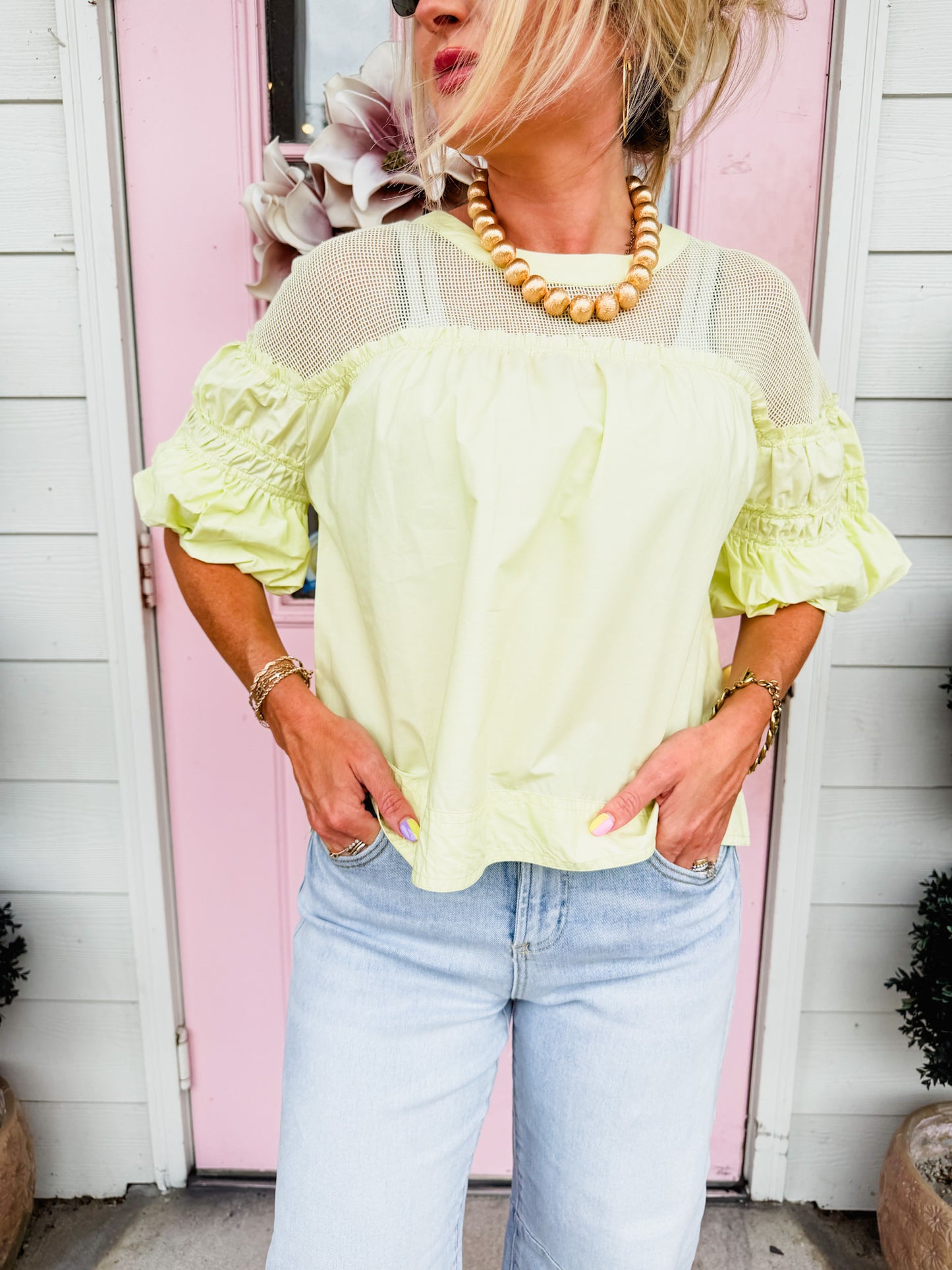Lucky Charm Sheer Mesh Bubble Sleeve Top - Chartreuse