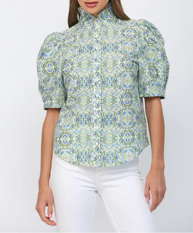 Home Grown Puff Short Sleeve Ruffle Neck Button Down Top - Green Multi
