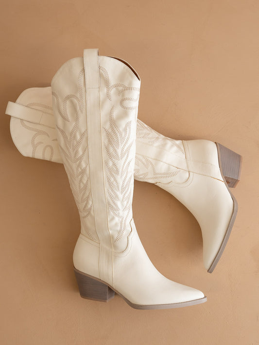 The Samara Embroidered Tall Boot - White