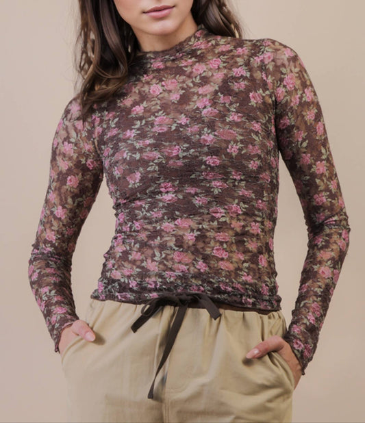 High Neck Fitted Sheer Lace Layering Top - Chocolate Floral