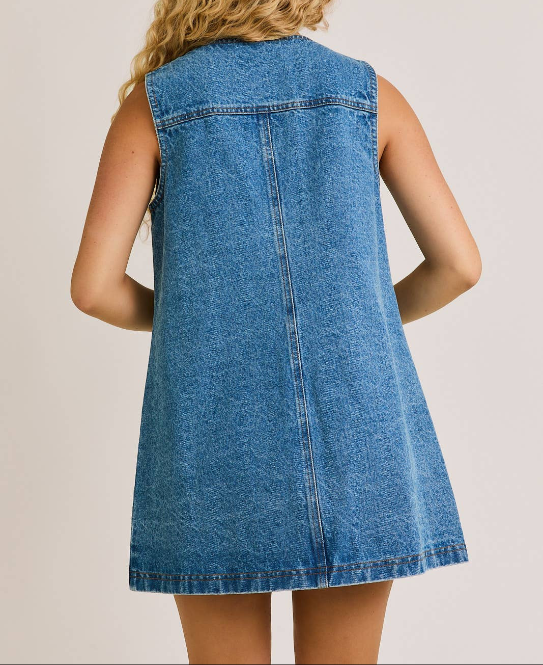 Sing-A-Long Sleeveless Round Neck Button Down Denim Dress - Blue