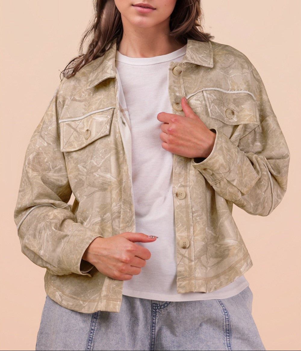 On The Move Camo Print Oversized Casual Shacket - Taupe