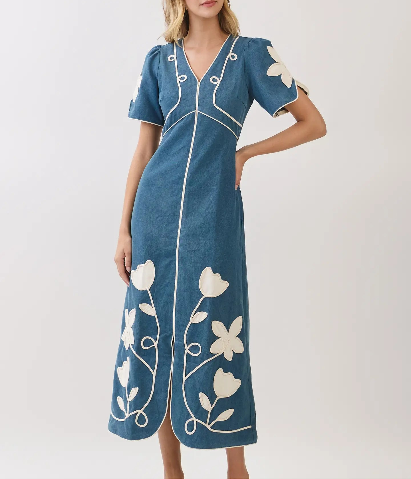 Catch Up Floral Appliqué Contrast Trim Midi Dress - Denim