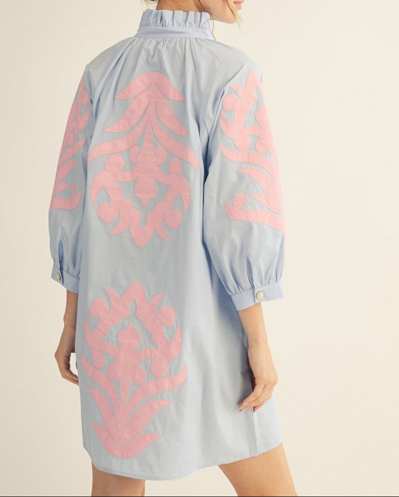 Blue Skies Baroque Floral Applique Shift Dress - Blue Skies