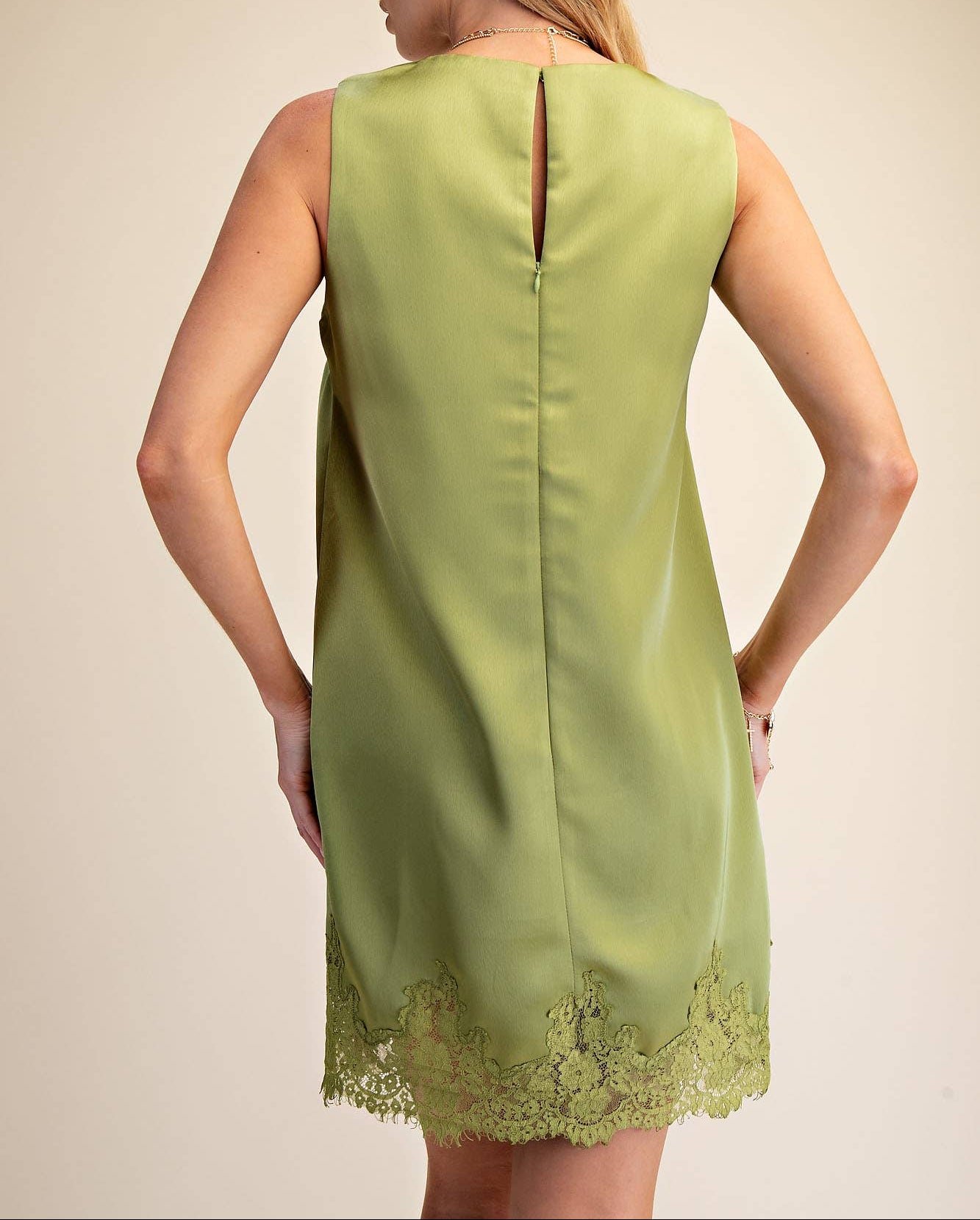 Be Real Round Neck Sleeveless Lace Detail Satin Shift Dress - Olive