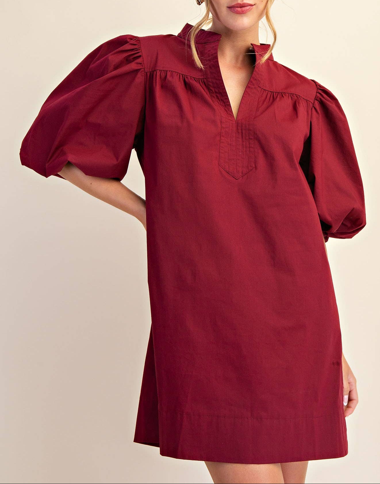 In Touch V-Neck Bubble Sleeve Mini Dress - Wine