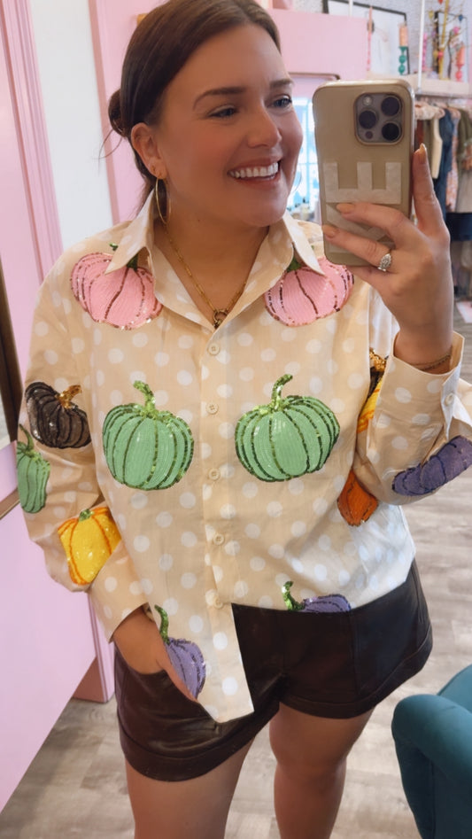 Queen of Sparkles Beige & White Polkadot Multi Pumpkin Cotton Button Up Top