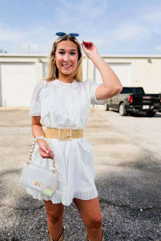 All In Mesh Applique Pleated Dress - Off White