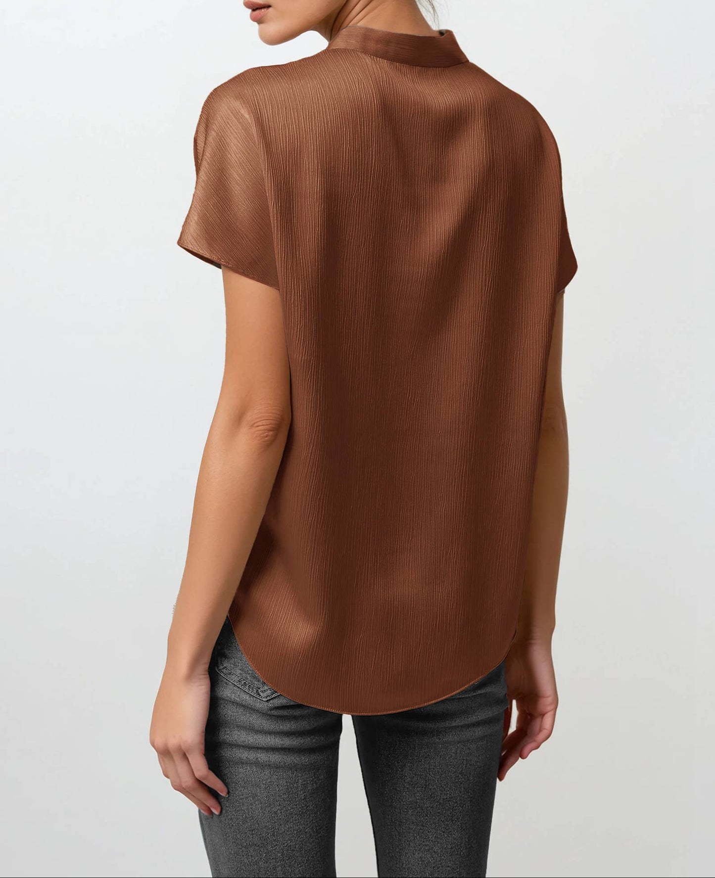Chart Topper Drop Shoulder Blouse In Crinkle Satin - Brown
