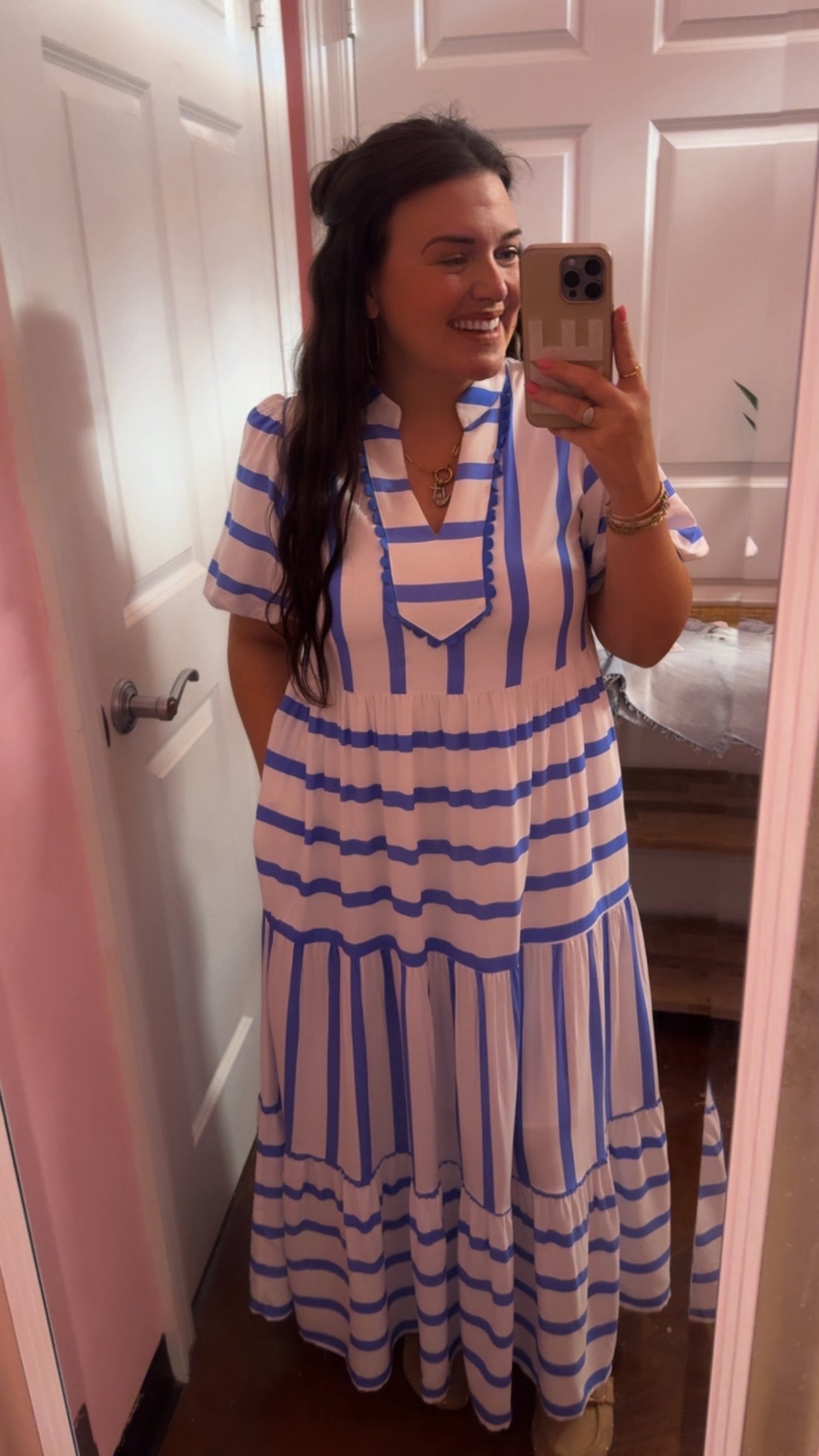 On Holiday Stripe RicRac Trim Notched Neck Dress - Sky Blue