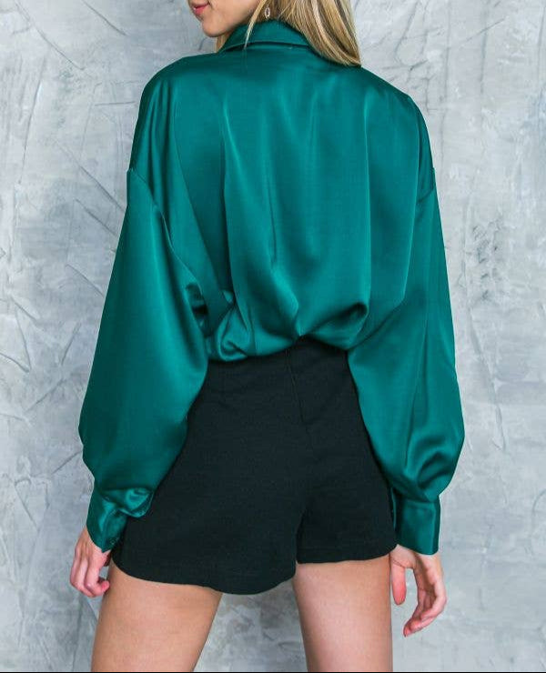 Girl Boss Long Sleeve Collared Top - Teal