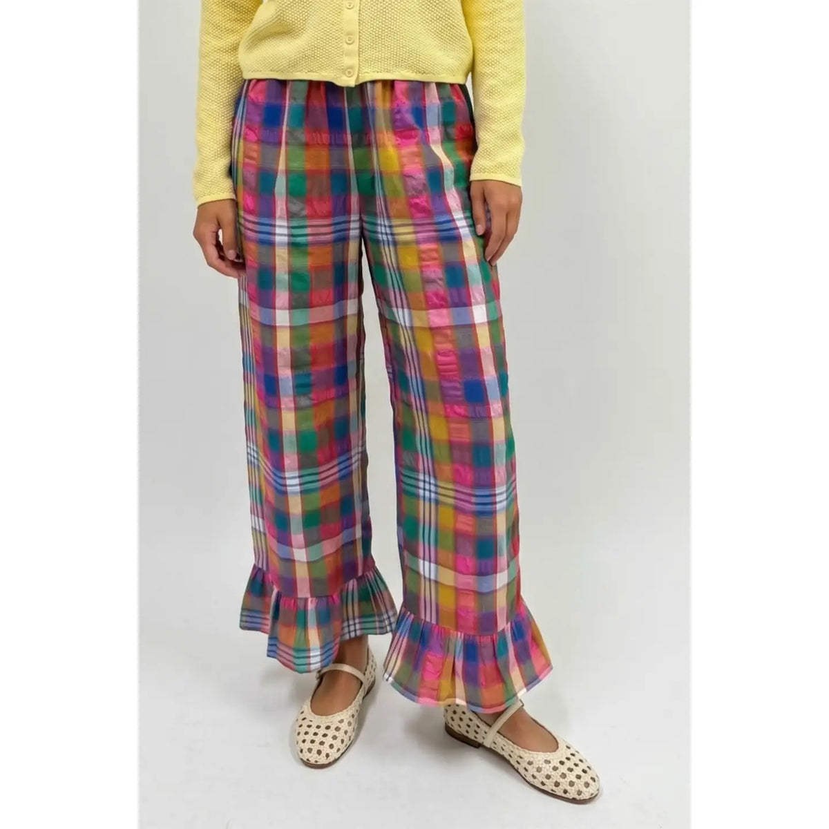 Big Town Multi Color Plaid Ruffle Detail Pant - Pink/Navy Plaid