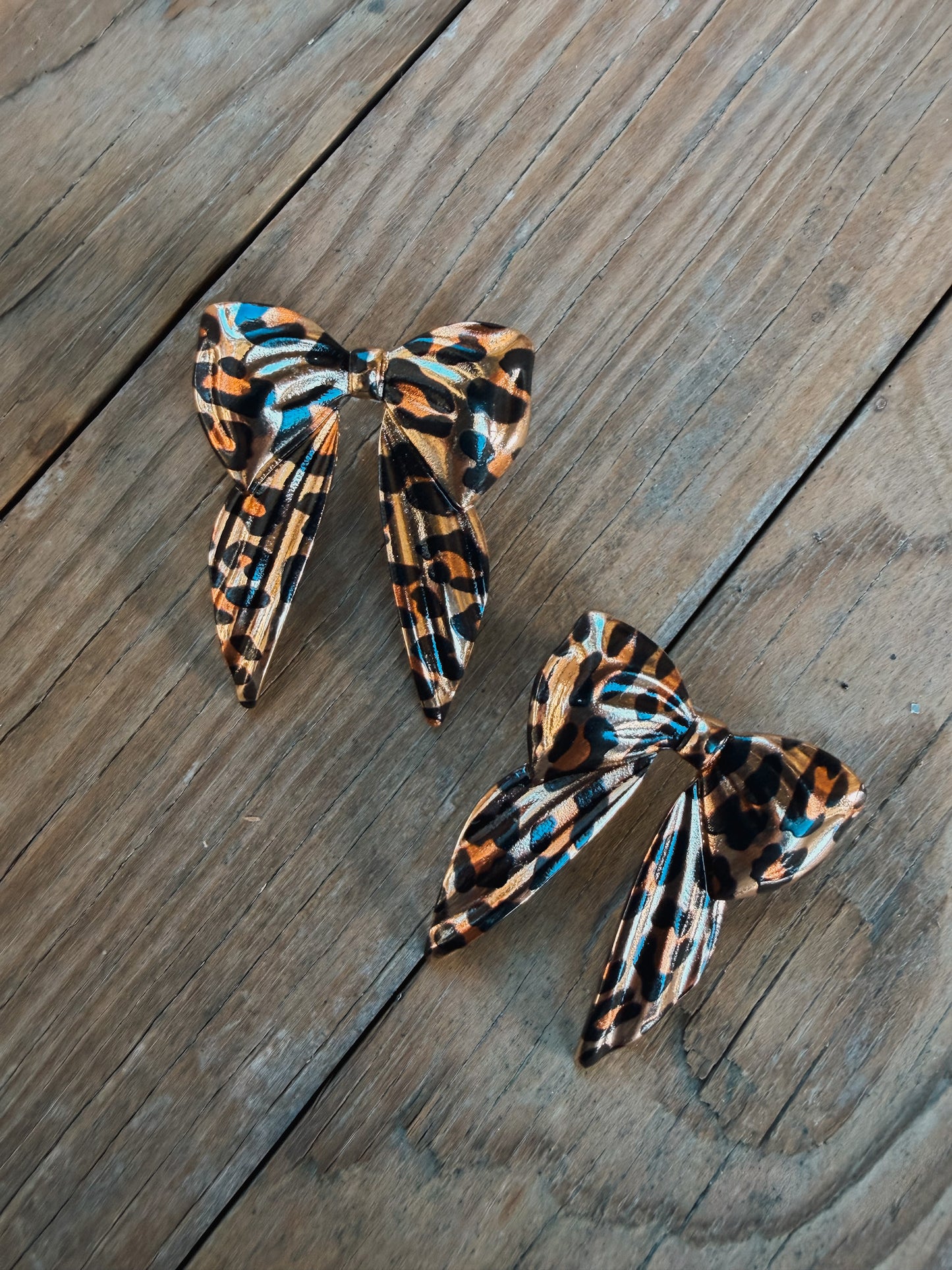 Oversized Gold Bow Earrings - Leopard