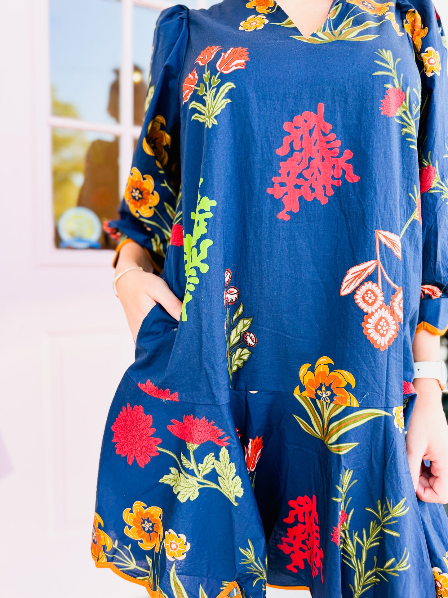 Work For It Floral Print Scallop Hem Dress - Navy