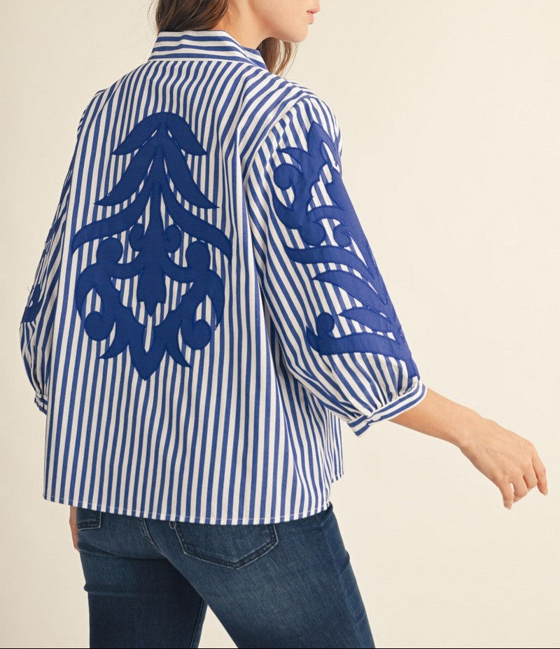 Fresh Look Baroque Applique Stripe Top - Blue