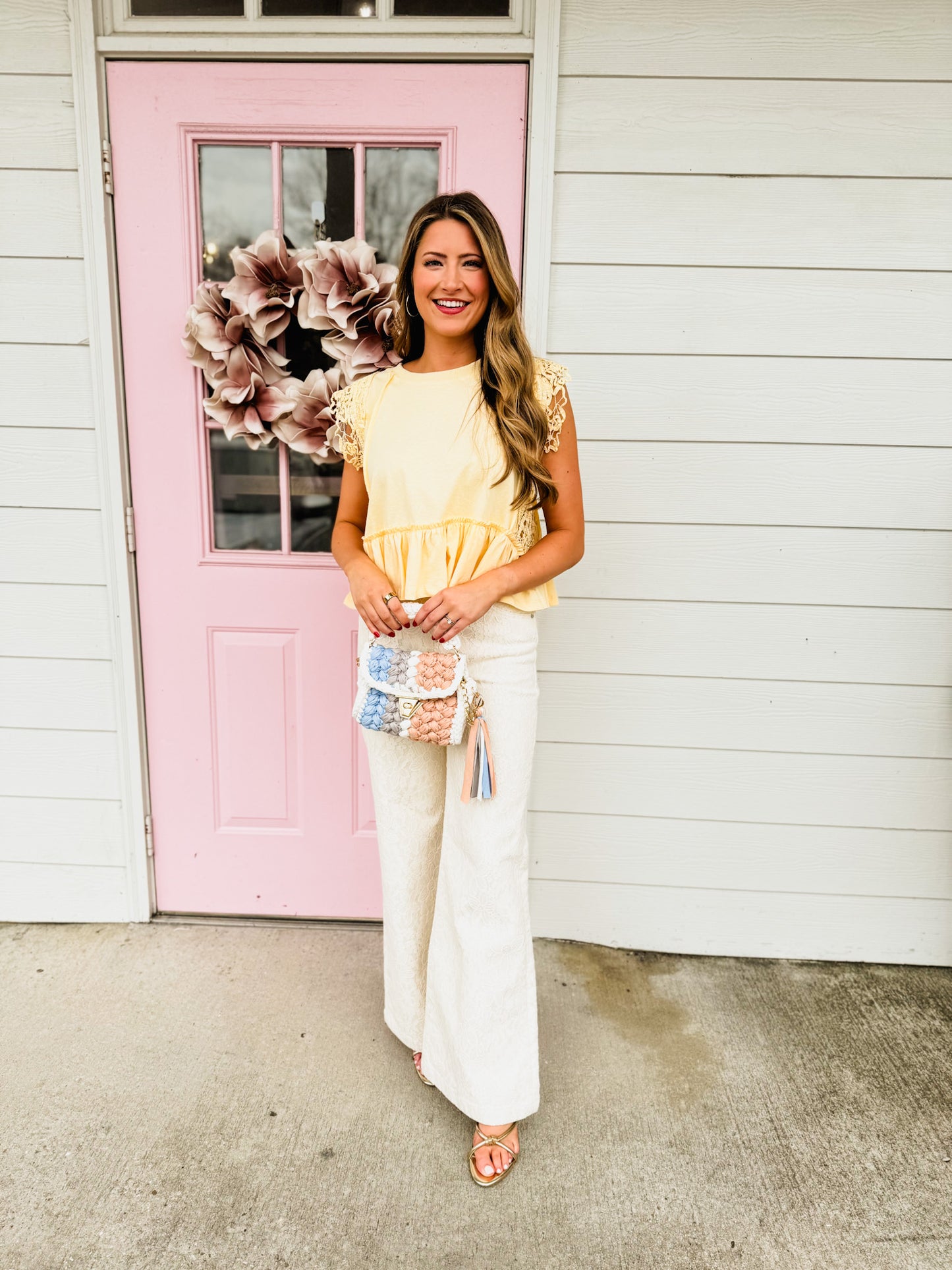 Roadtrip Side Lace Trim Ruffle Hem Top - Butter Yellow