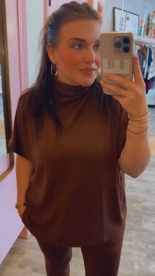 Under Wraps Mock Neck Top - Chocolate