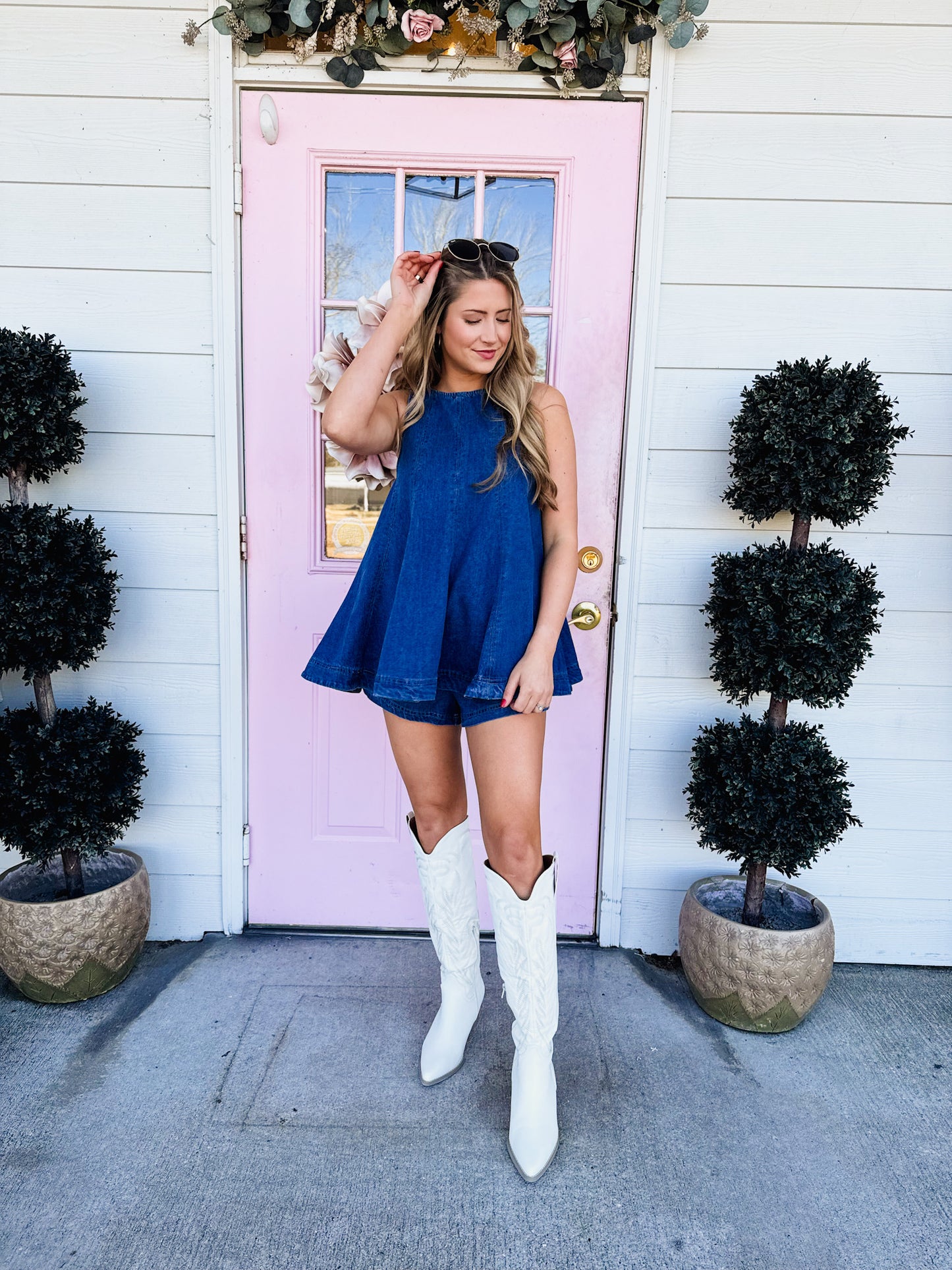 Light Shine Sleeveless Flared A-Line Top - Dark Denim