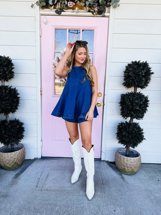 Light Shine Sleeveless Flared A-Line Top - Dark Denim