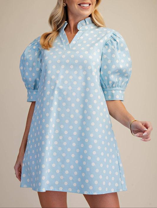 Spot On Ruffle V-Neck Puff Sleeve Mini Dress - Sky